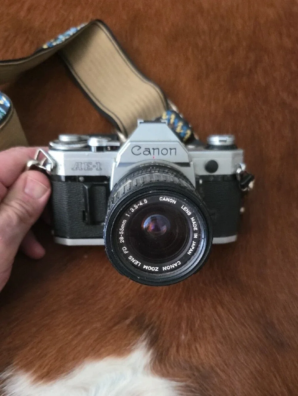 Canon 35mm Film Camera in Silver and Black with Tan Patterned Strap Vintage